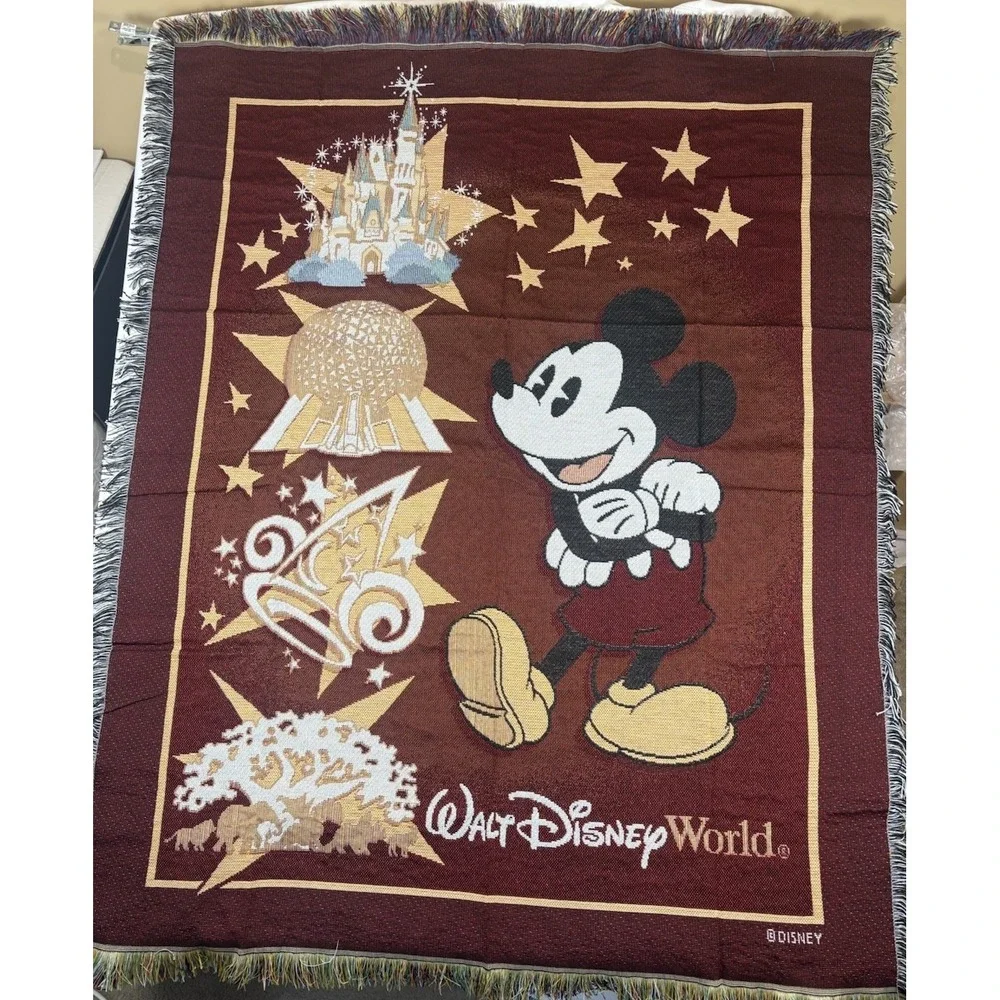 Disney Walt Disney World Mickey Mouse Woven Tapestry Throw Blanket Fringe Icons